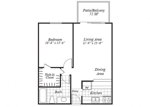 Floor plan for 1 bed, 1 bath, 624 sqft